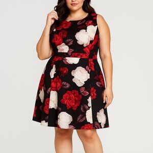 NEW black red Fit & Flare floral sleeveless date night work NWT Dress  16 Curvy